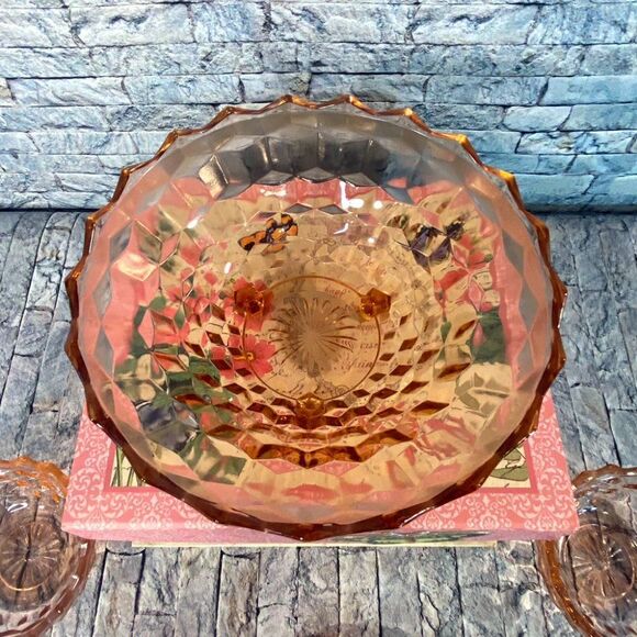 Vintage Large Pink Depression Glass Footed Bowl Cubed Pattern Salad Bowl - Picture 2 of 9